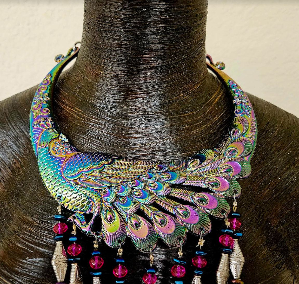Miao Peacock Torc Beaded Waterfall Luxury Necklace - Beverly Hills