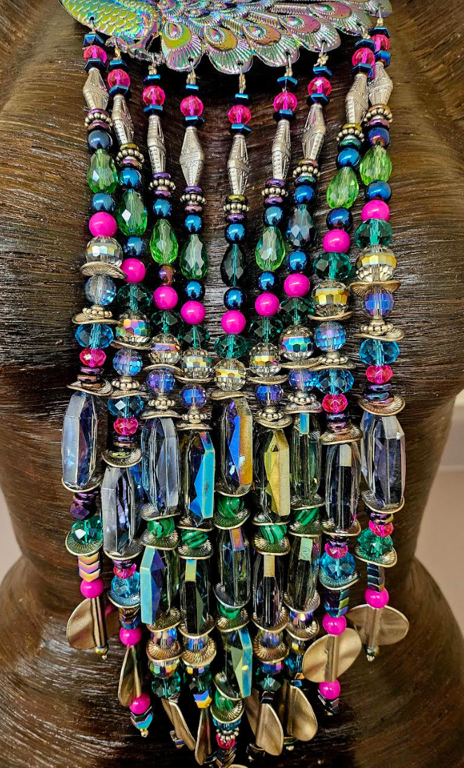 Miao Peacock Torc Beaded Waterfall Luxury Necklace - Beverly Hills