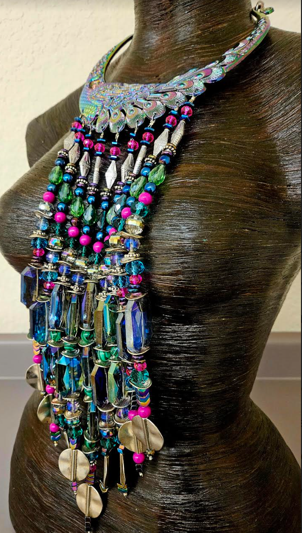 Miao Peacock Torc Beaded Waterfall Luxury Necklace - Beverly Hills