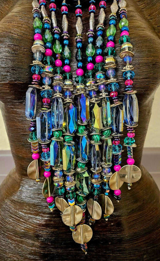 Miao Peacock Torc Beaded Waterfall Luxury Necklace - Beverly Hills