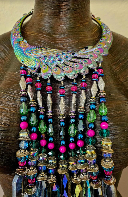 Miao Peacock Torc Beaded Waterfall Luxury Necklace - Beverly Hills
