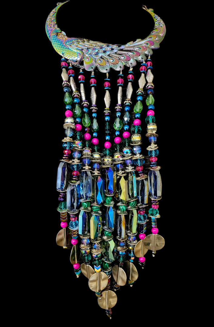 Miao Peacock Torc Beaded Waterfall Luxury Necklace - Beverly Hills