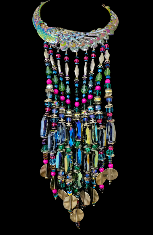 Miao Peacock Torc Beaded Waterfall Luxury Necklace