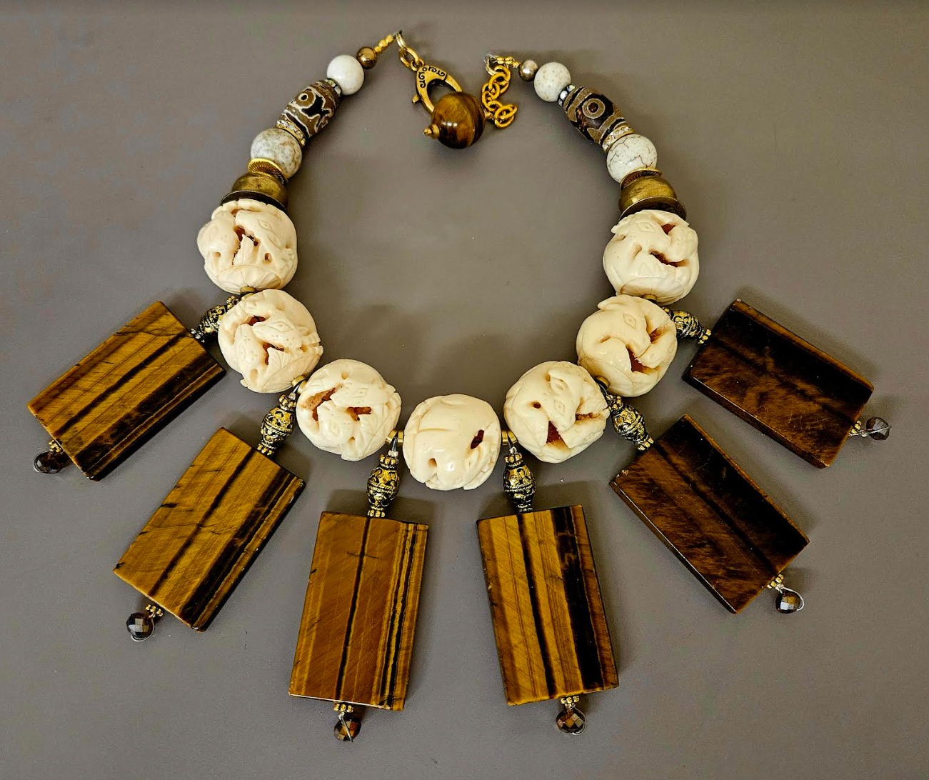 Avant Garde Oversized Carved Bone & Tigers Eye Statement Luxury Neckla