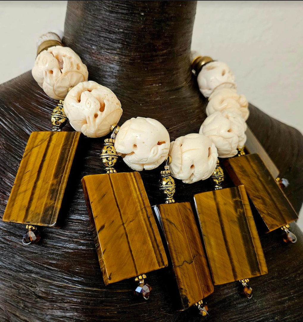 Avant Garde Oversized Carved Bone & Tigers Eye Statement Luxury Neckla