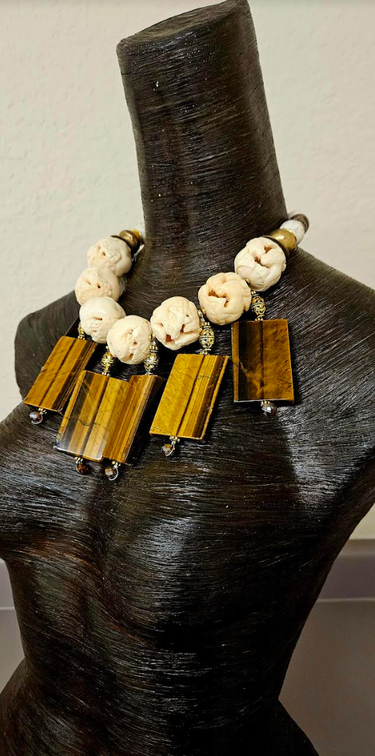 Avant Garde Oversized Carved Bone & Tigers Eye Statement Luxury Neckla