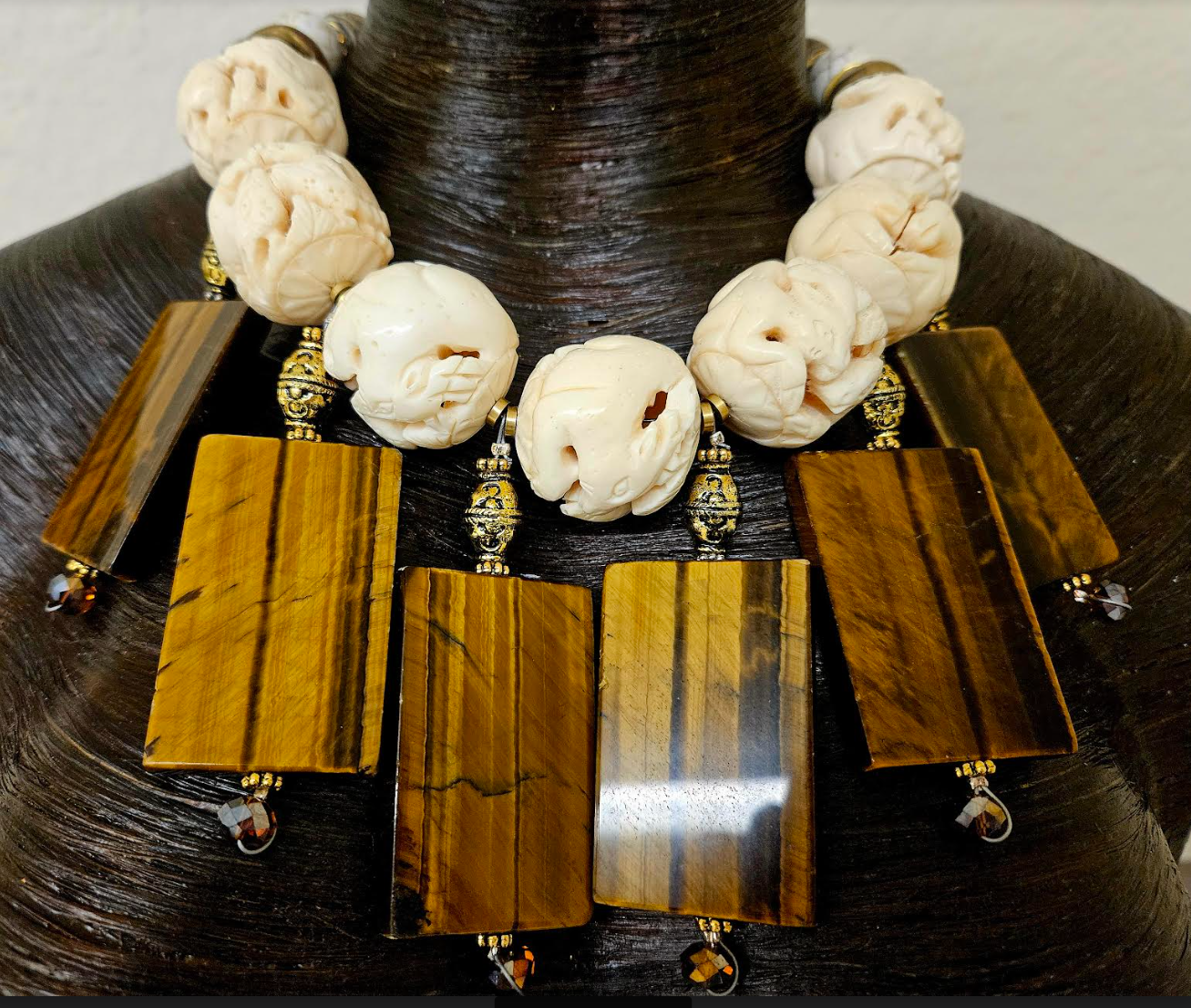 Avant Garde Oversized Carved Bone & Tigers Eye Statement Luxury Neckla