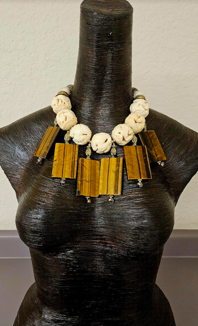 Avant Garde Oversized Carved Bone & Tigers Eye Statement Luxury Neckla