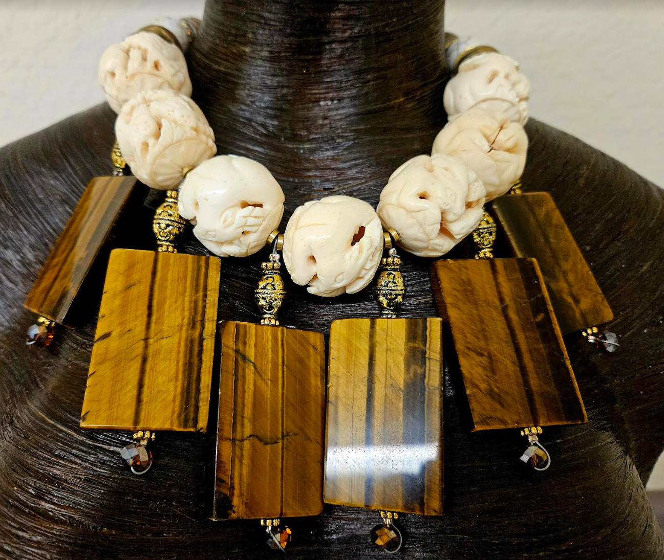 Avant Garde Oversized Carved Bone & Tigers Eye Statement Luxury Neckla