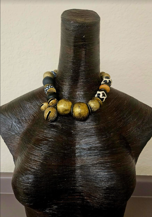 African Oversized Yoruba Brass & Zebu Bone Beaded Tribal Choker