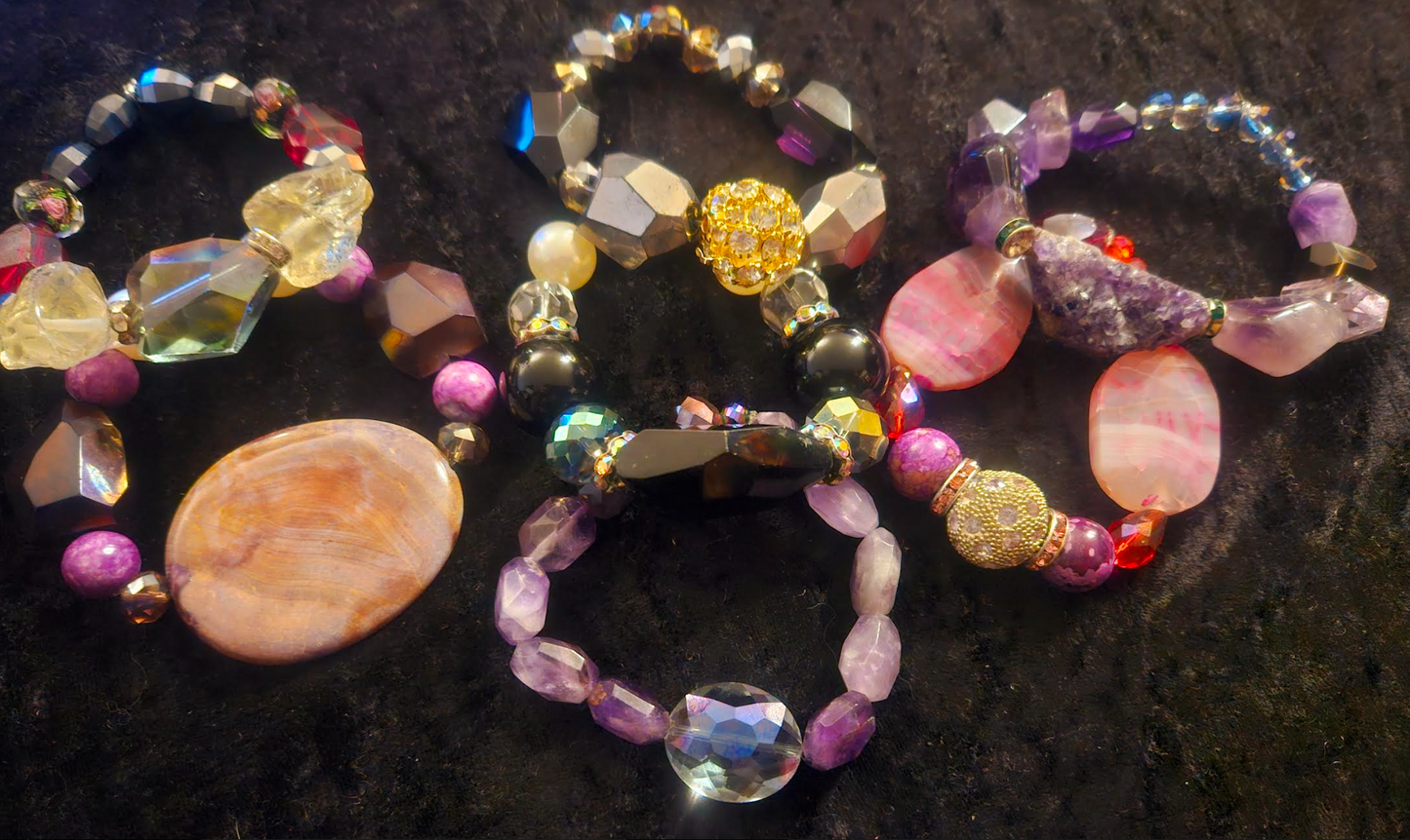 Dressy Set of Beaded & Gemstone Stretch Couture Bracelets Stackable