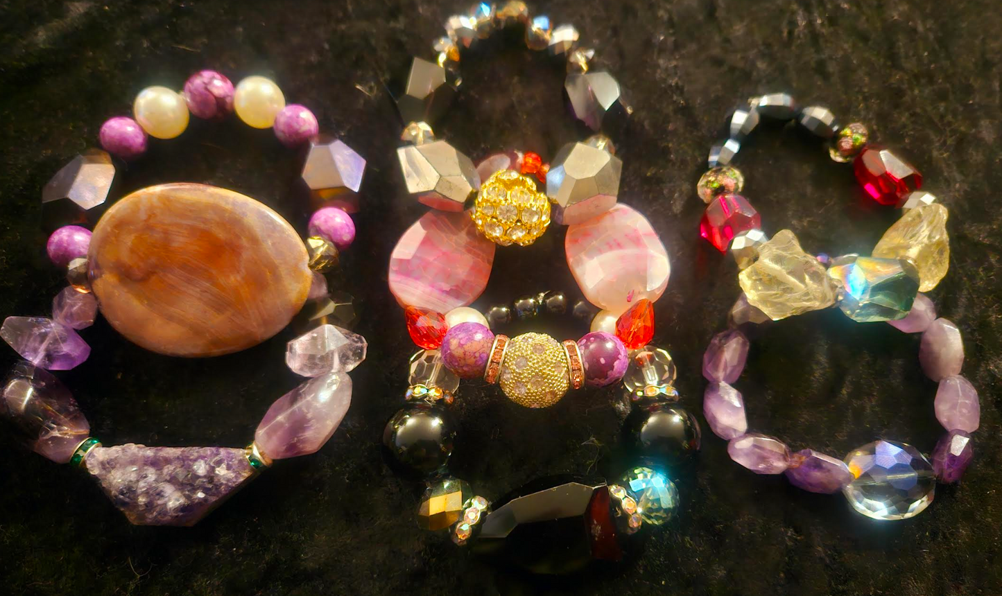 Dressy Set of Beaded & Gemstone Stretch Couture Bracelets Stackable