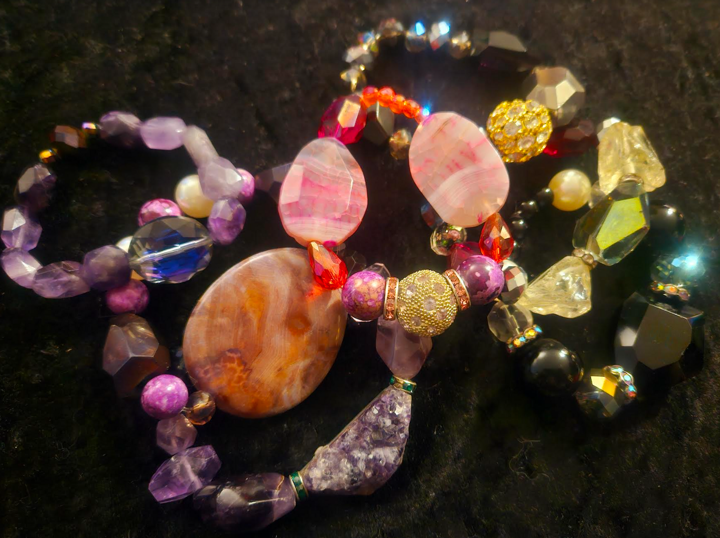 Dressy Set of Beaded & Gemstone Stretch Couture Bracelets Stackable