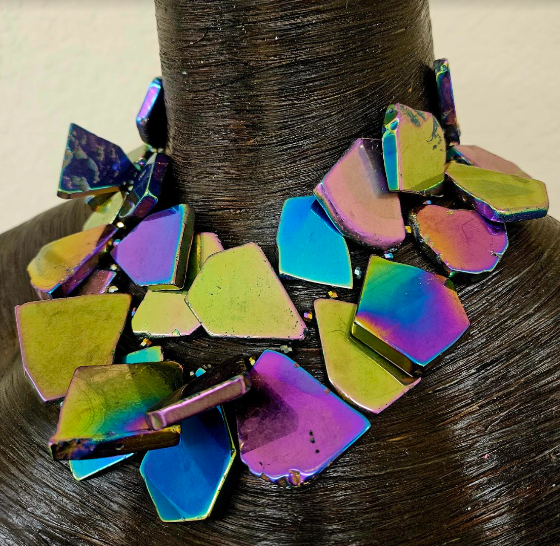 Rainbow Gemstone Slab Choker Titanium Quartz Slice Statement Neck