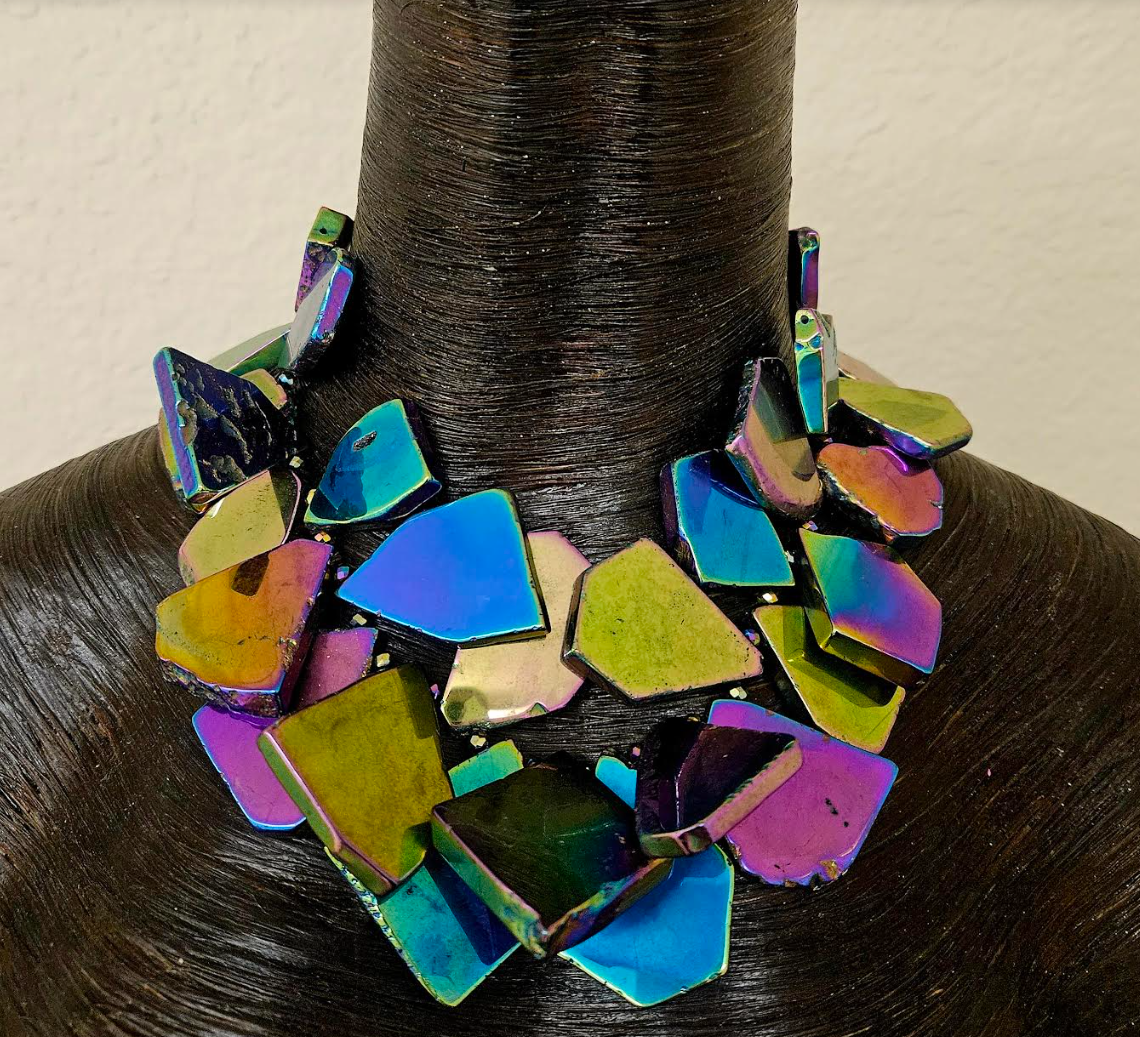Rainbow Gemstone Slab Choker Titanium Quartz Slice Statement Neck