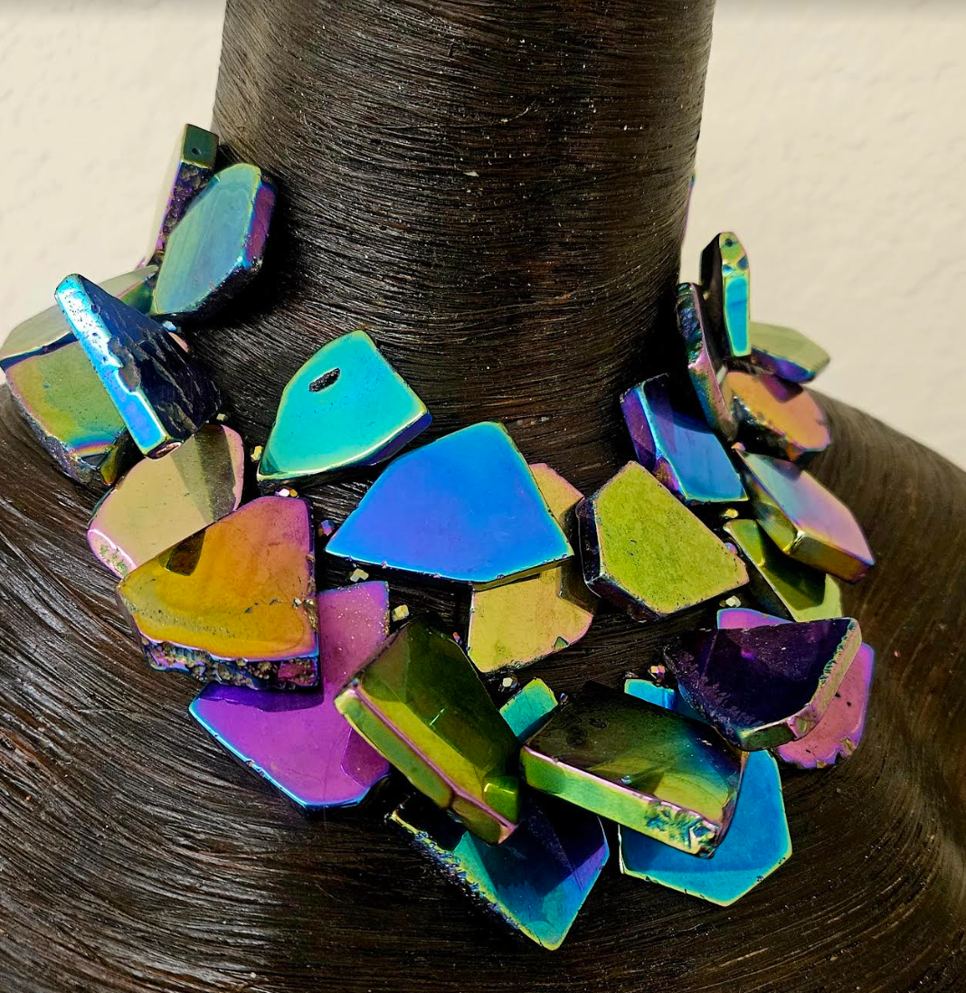 Rainbow Gemstone Slab Choker Titanium Quartz Slice Statement Neck
