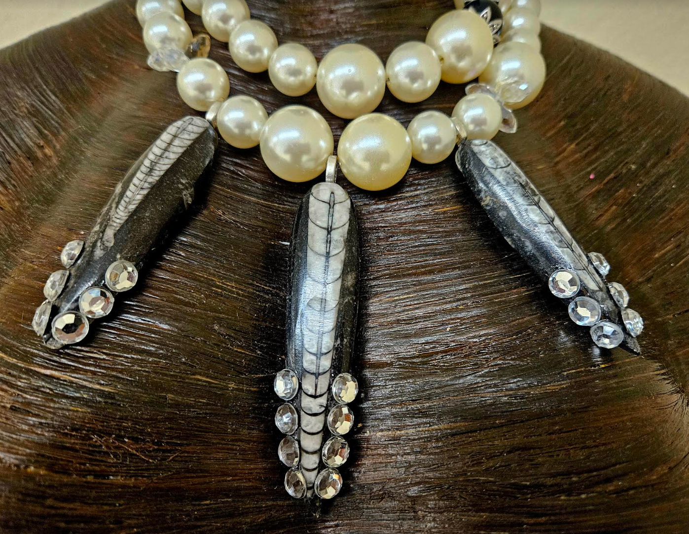 Faux Pearl & Orthoceras Fossil Statement Luxury Necklace Prehistoric