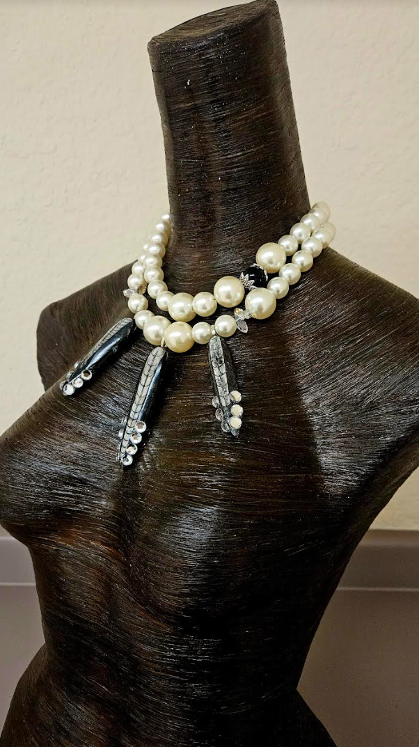 Faux Pearl & Orthoceras Fossil Statement Luxury Necklace Prehistoric