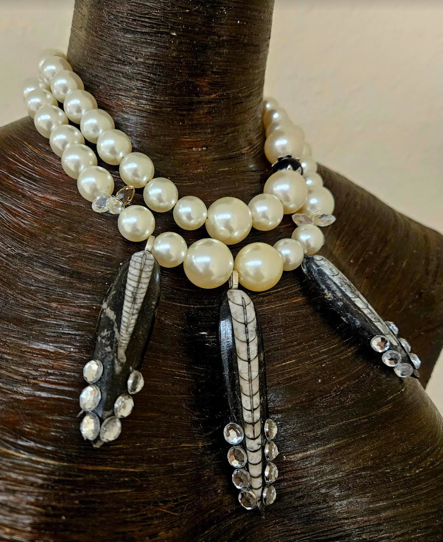 Faux Pearl & Orthoceras Fossil Statement Luxury Necklace Prehistoric