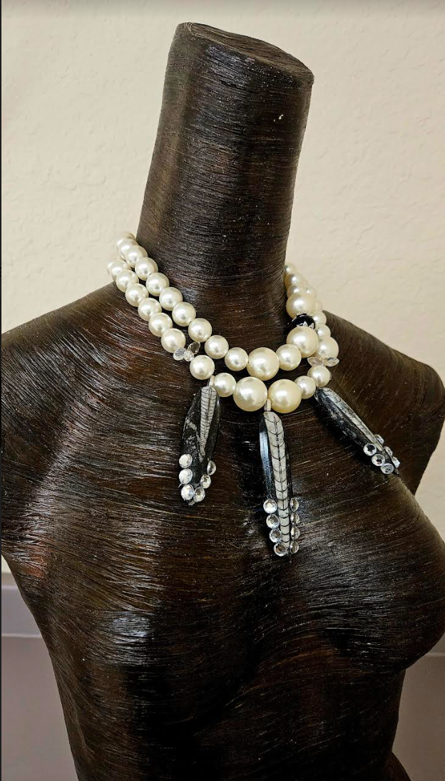 Faux Pearl & Orthoceras Fossil Statement Luxury Necklace Prehistoric
