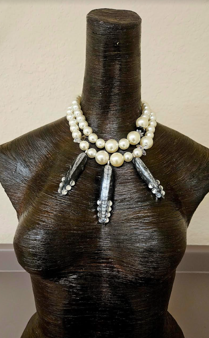 Faux Pearl & Orthoceras Fossil Statement Luxury Necklace Prehistoric