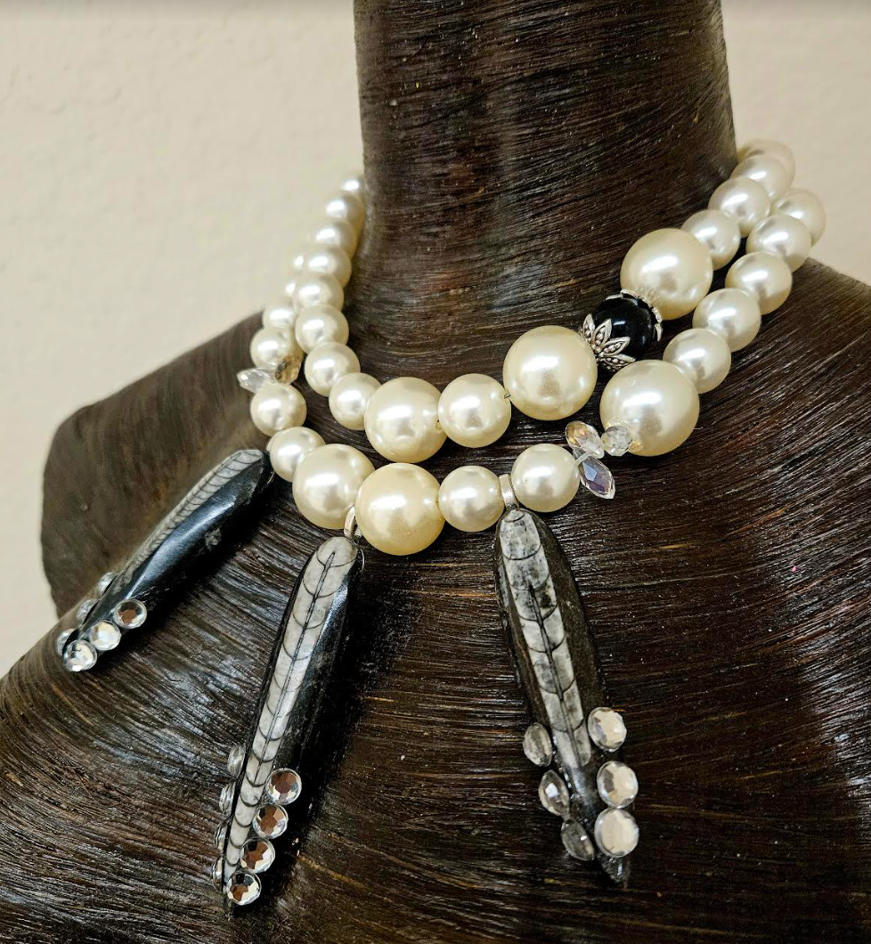 Faux Pearl & Orthoceras Fossil Statement Luxury Necklace Prehistoric