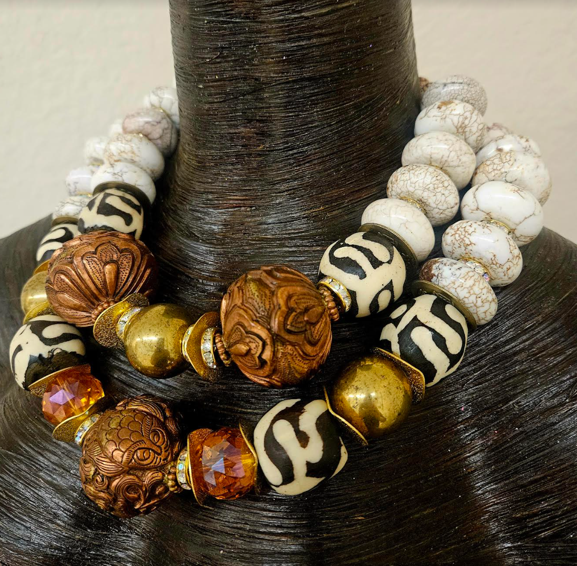 White Magnesite Crystal Bone & Copper Repousse Luxury Luxury Necklace