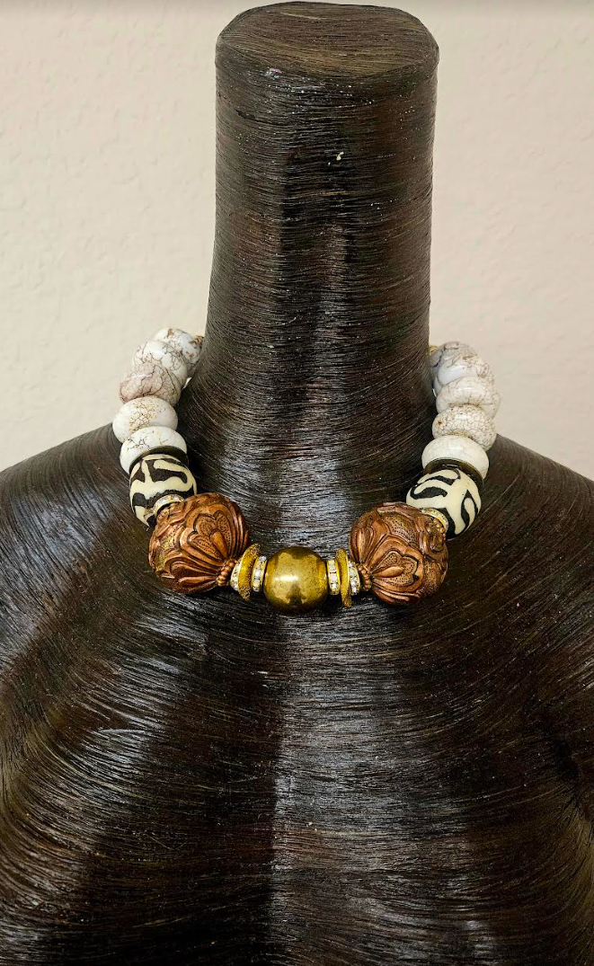 White Magnesite Crystal Bone & Copper Repousse Luxury Luxury Necklace