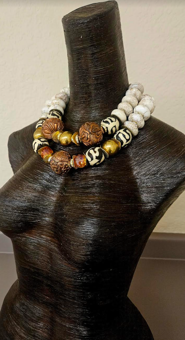 White Magnesite Crystal Bone & Copper Repousse Luxury Luxury Necklace