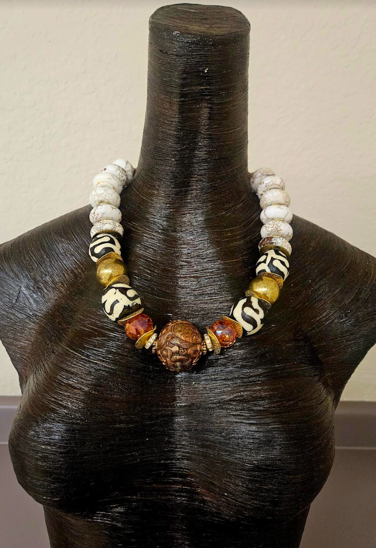 White Magnesite Crystal Bone & Copper Repousse Luxury Luxury Necklace