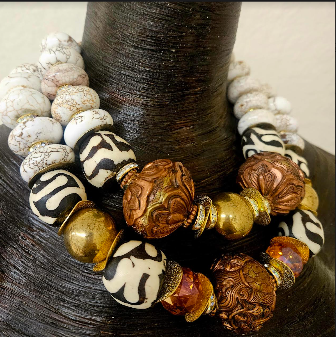 White Magnesite Crystal Bone & Copper Repousse Luxury Luxury Necklace