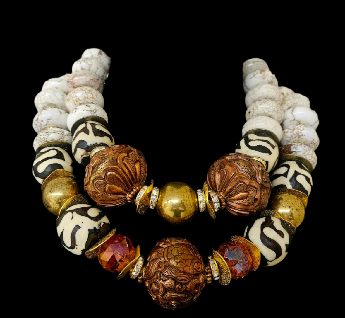 White Magnesite Crystal Bone & Copper Repousse Luxury Luxury Necklace
