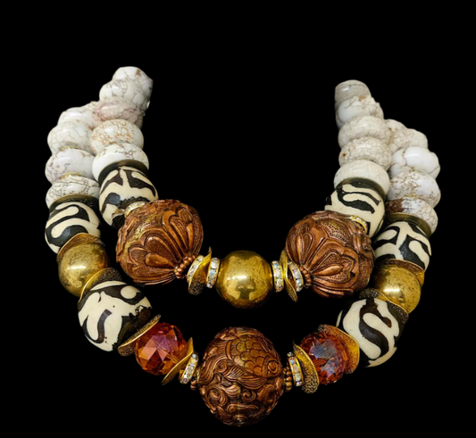 White Magnesite Crystal Bone & Copper Repousse Luxury Luxury Necklace