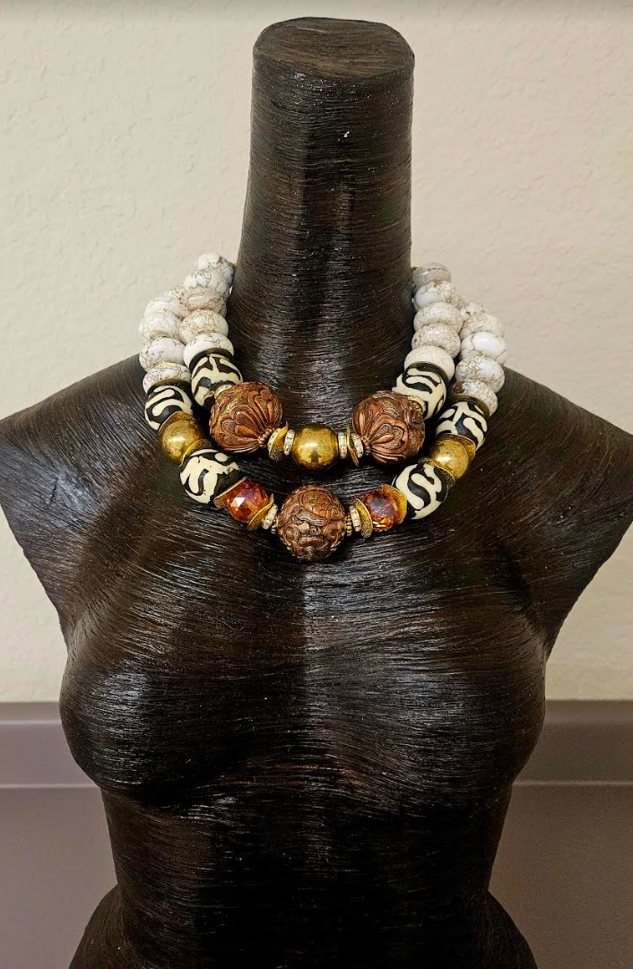 White Magnesite Crystal Bone & Copper Repousse Luxury Luxury Necklace