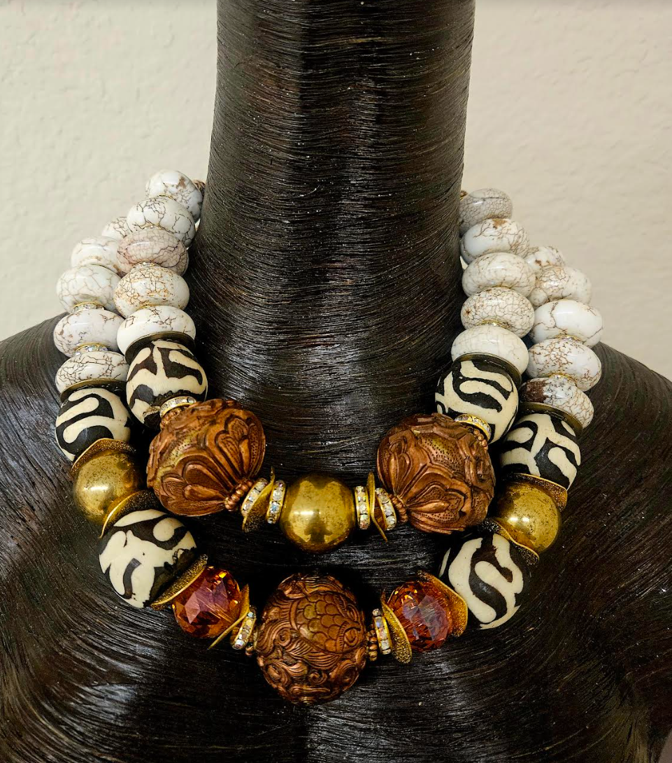 White Magnesite Crystal Bone & Copper Repousse Luxury Luxury Necklace