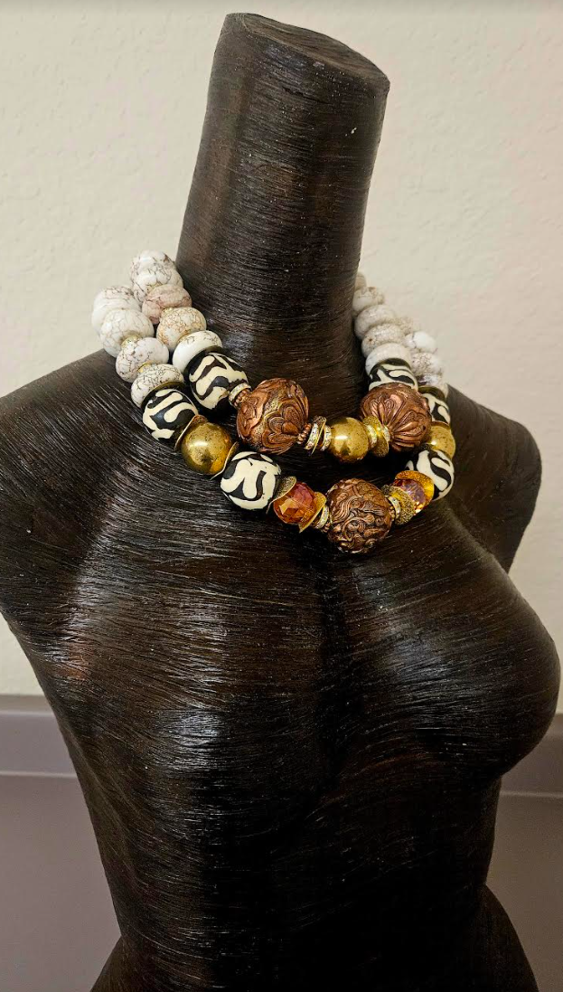 White Magnesite Crystal Bone & Copper Repousse Luxury Luxury Necklace