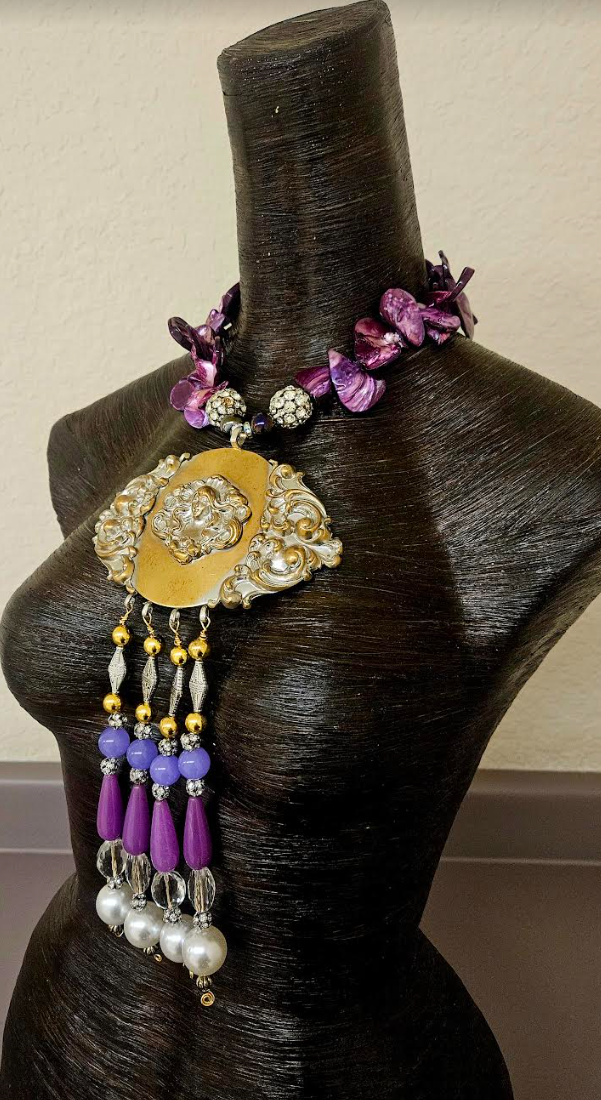 Upcycled Art Nouveau Goddess Brass Gemstone Pendant with Beaded Dangle