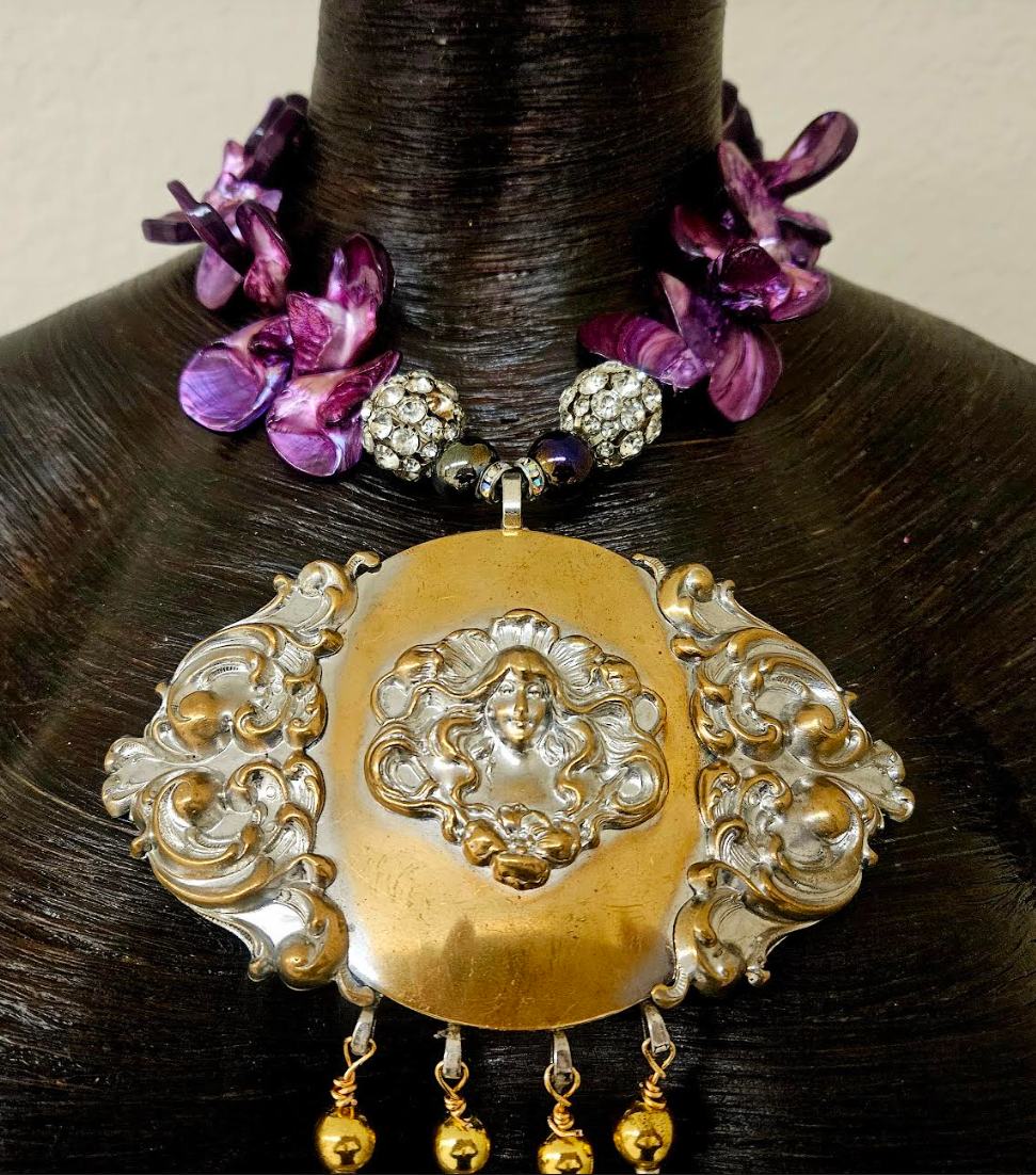 Upcycled Art Nouveau Goddess Brass Gemstone Pendant with Beaded Dangle