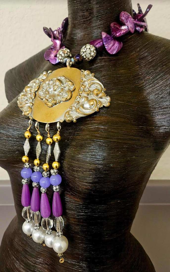 Upcycled Art Nouveau Goddess Brass Gemstone Pendant with Beaded Dangle