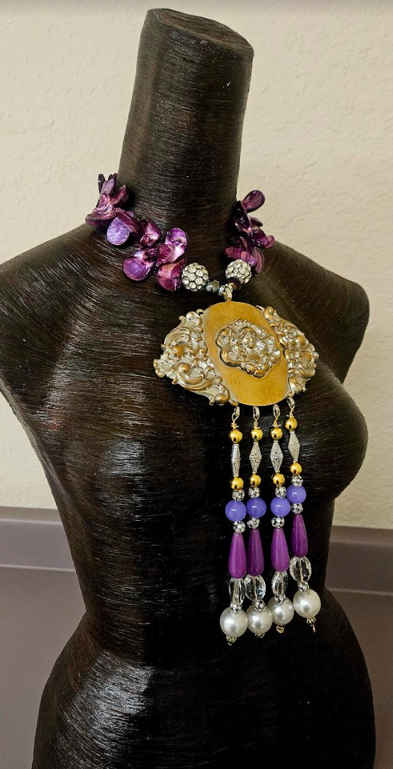 Upcycled Art Nouveau Goddess Brass Gemstone Pendant with Beaded Dangle