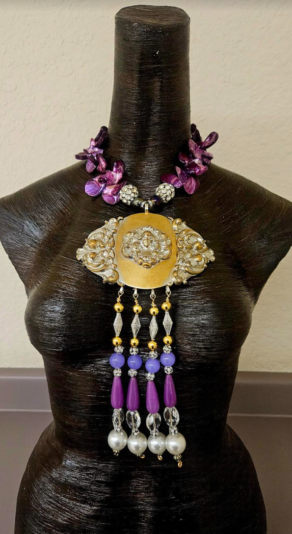 Upcycled Art Nouveau Goddess Brass Gemstone Pendant with Beaded Dangle