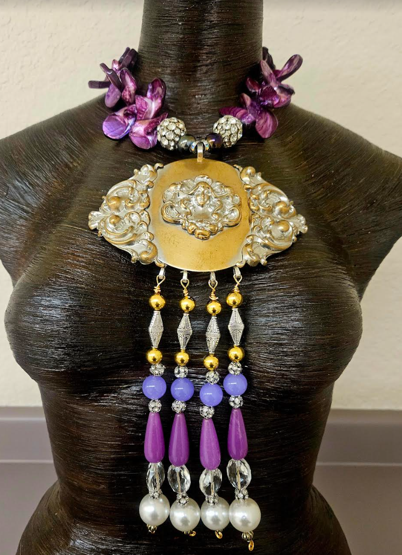 Upcycled Art Nouveau Goddess Brass Gemstone Pendant with Beaded Dangle