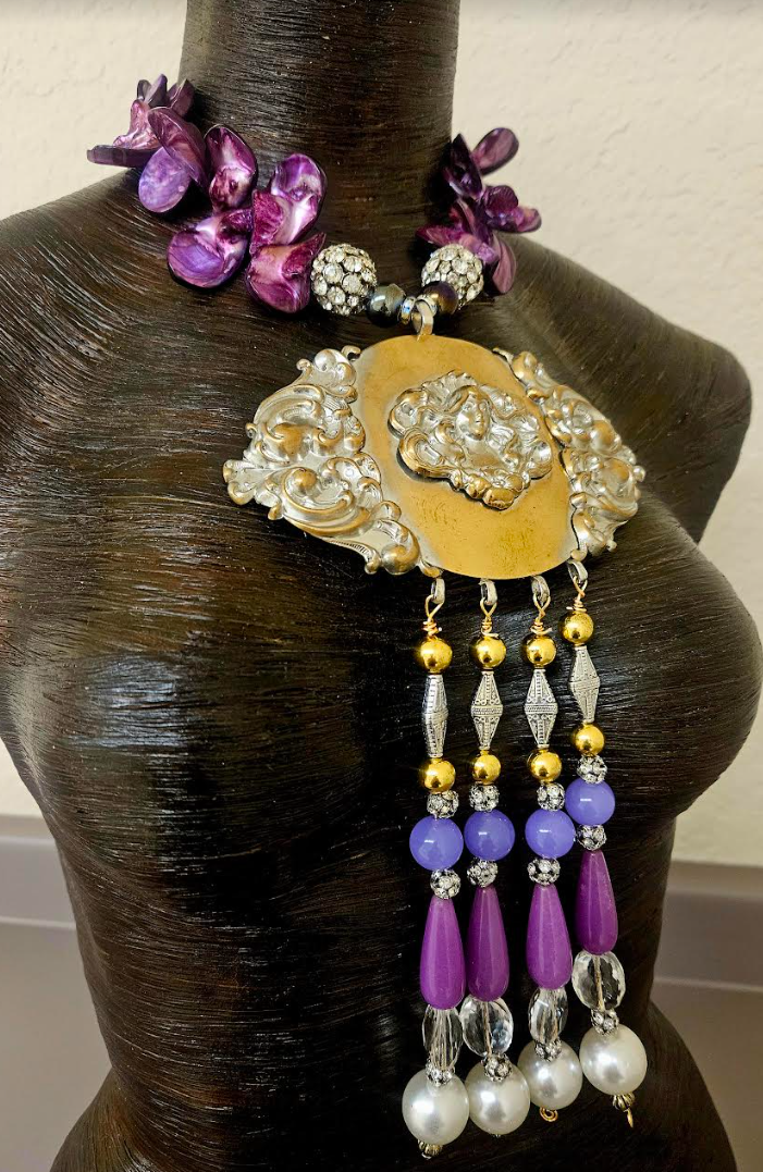 Upcycled Art Nouveau Goddess Brass Gemstone Pendant with Beaded Dangle