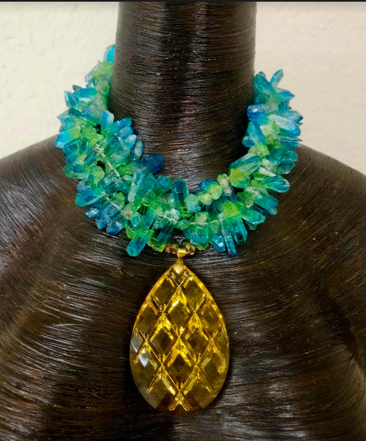 Blue Green Branch Quartz Luxury Necklace & Lemon Yellow Crystal Gemsto