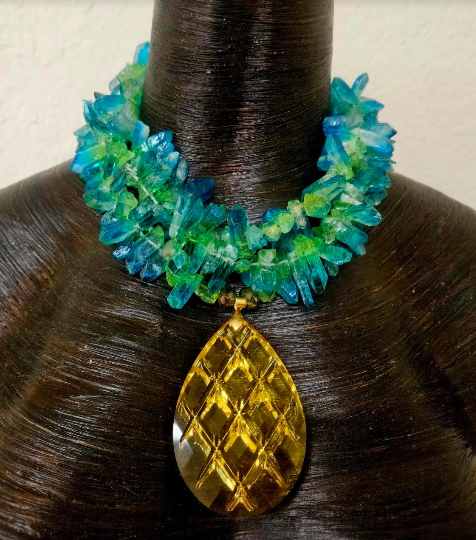 Blue Green Branch Quartz Luxury Necklace & Lemon Yellow Crystal Gemsto