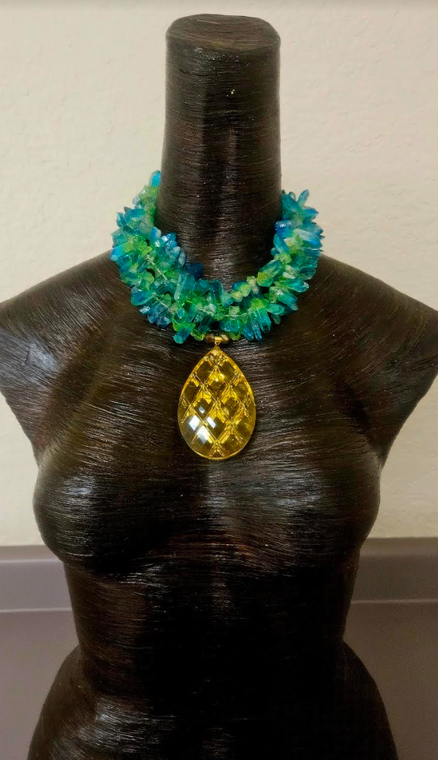 Blue Green Branch Quartz Luxury Necklace & Lemon Yellow Crystal Gemsto