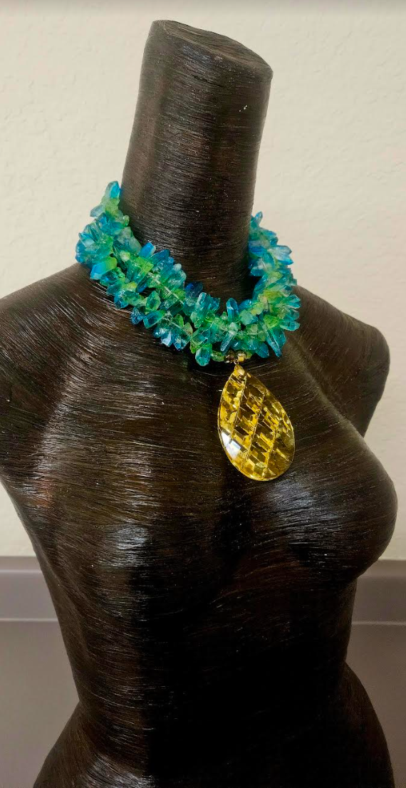 Blue Green Branch Quartz Luxury Necklace & Lemon Yellow Crystal Gemsto