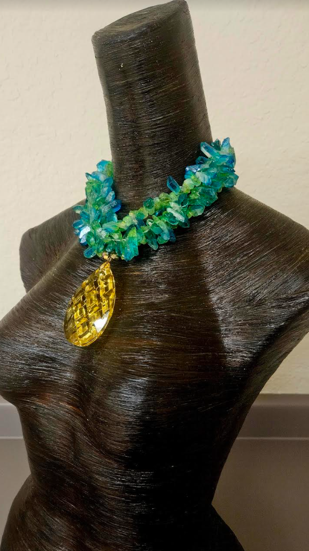 Blue Green Branch Quartz Luxury Necklace & Lemon Yellow Crystal Gemsto