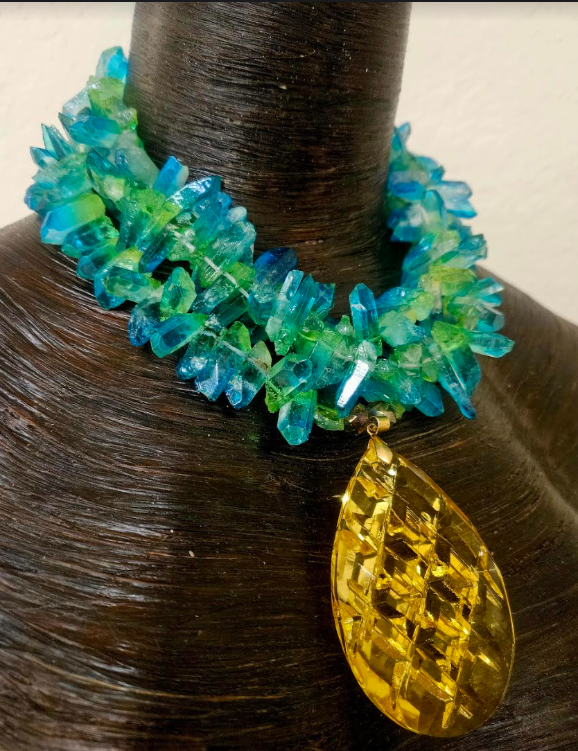 Blue Green Branch Quartz Luxury Necklace & Lemon Yellow Crystal Gemsto