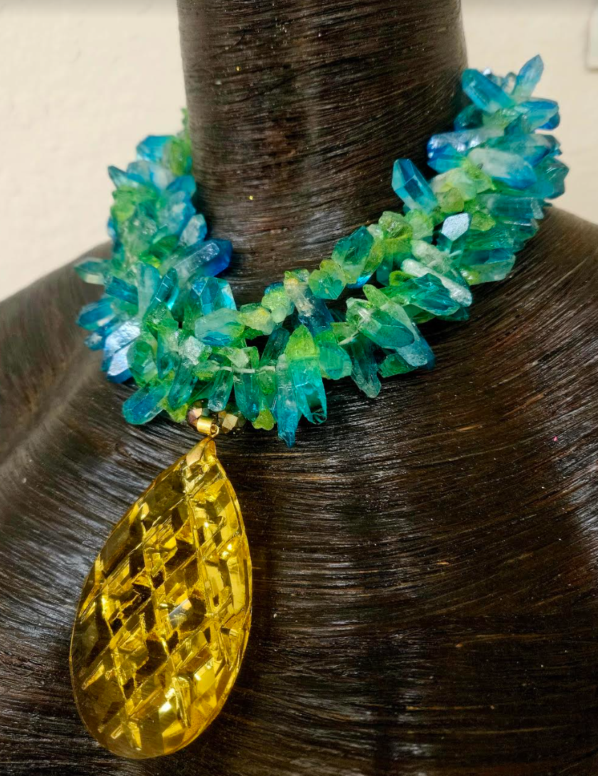 Blue Green Branch Quartz Luxury Necklace & Lemon Yellow Crystal Gemsto